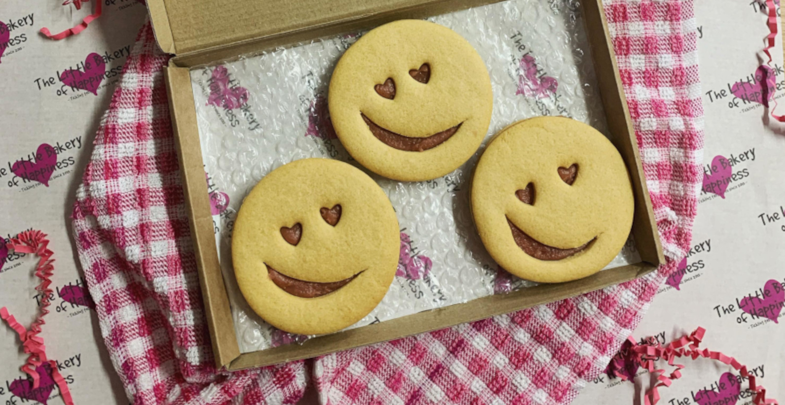 Picture of happy face biscuits with link to gluten-free baking online shop