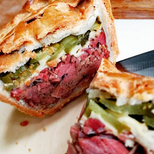 Salt beef cold-eating pie made with our gluten-free hot water crust pastry mix