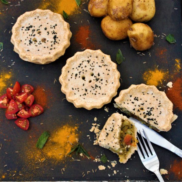 A vegan and gluten-free bombay potato pie made with our vegan gluten-free savoury pastry mix